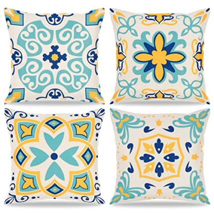 UXORSN Set of 4 Decorative Throw Pillow Covers 18x18 Inch Outdoor Geometric Floral Autumn Cushion Covers Waterproof Blue Linen Pillowcases for Be