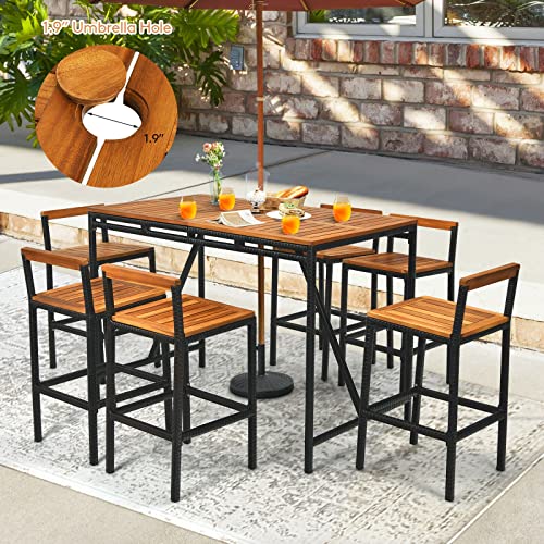 MIAOZI 7PCS Patio Rattan Bar Set Acacia Wood Frame Stools Table Umbrella Hole Outdoor Bar Set