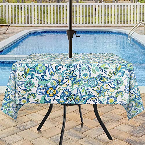 MKISHINE Tablecloth for patio table,bonus 6 clips fit patio table perfectly with opening for umbrella stand,robust, waterproof,machine washable w