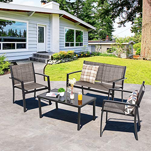 Shintenchi 4 Pieces Patio Furniture Set All Weather Textile Fabric Outdoor Conversation Set, with Glass Coffee Table, Loveseat, 2 Single Chairs f