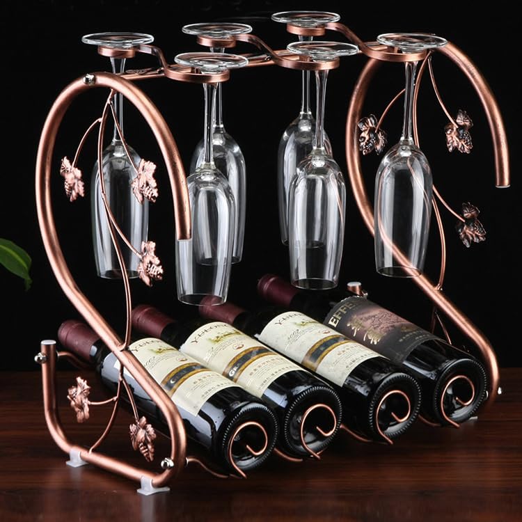 GAHOSG Countertop Wine Rack with Glass Holder Freestanding Tabletop Metal Wine Rack Storage, Holds 4 Bottles and 6 Stemware