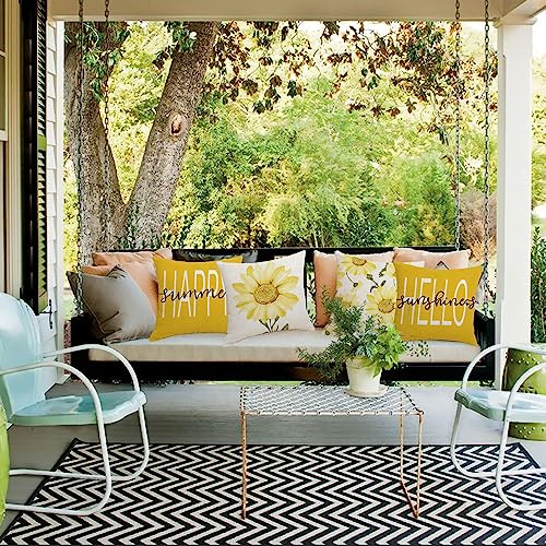 Cushion Covers 45 x 45cm, Yellow Sunflower Cushion Covers Included Sets 4, Outdoor Cushion Covers, Linen Throw Pillow Cover for Garden Sofa Chair