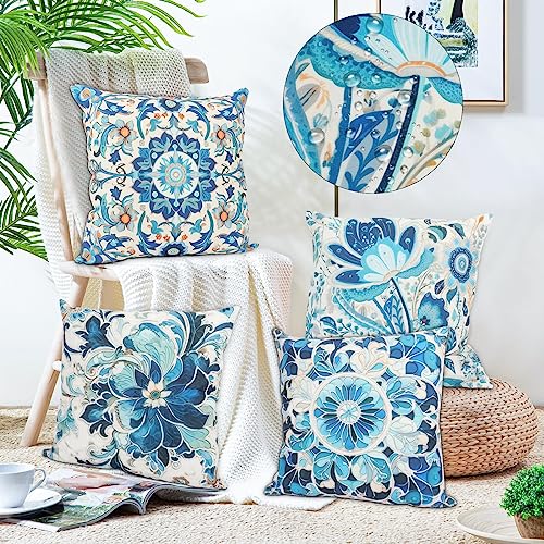 NAKURU Set of 4 Decorative Outdoor Cushion Covers Waterproof 45x45 CM, Modern Flower Throw Pillow Covers for Patio Furniture Porch Garden Cushion