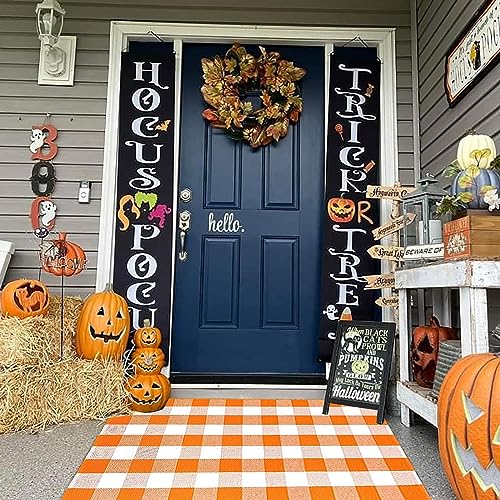 Orange and Black Plaid Rug, 35.4''x59'' Fall Outdoor Front Door Decorative Mat, Hand-Woven Rug for Layered Door Mats Washable Carpet for Porch, E