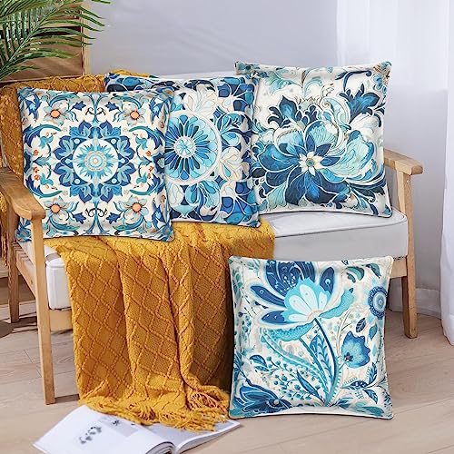 NAKURU Set of 4 Decorative Outdoor Cushion Covers Waterproof 45x45 CM, Modern Flower Throw Pillow Covers for Patio Furniture Porch Garden Cushion