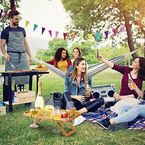 Kingrol Bamboo Wine Picnic Table with Wine Bottle, Glass and Cheese Knife Holder - Park, Camping, Beach, Outdoor Snack and Cheese Tray, Wine Love