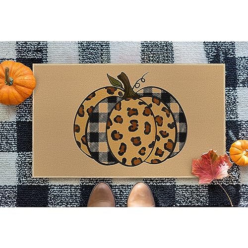 Louise Maelys Fall Door Mat, Welcome Front Door Mat Non Slip, Leopard Print Pumpkin Yard Floor Doormat Thanksgiving Kitchen Entry Switch Outdoor