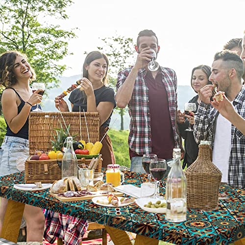 Tablecloth for Folding Table, boho Picnic Table Cover, Waterproof Fitted Table Covers for 6 Foot Tables, Elastic Rim Plastic Table Cover for Picn