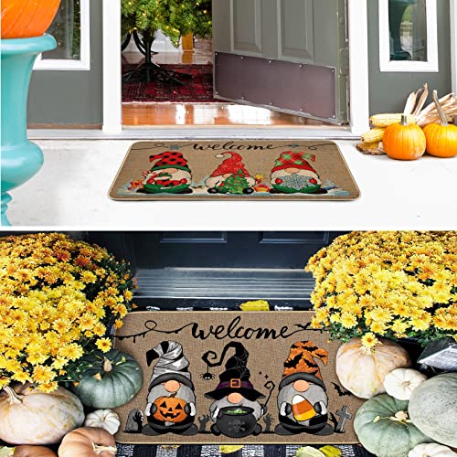 Shihanee 3 Pieces Halloween Welcome Gnome Doormat Thanksgiving Fall Greeting Doormat Autumn Doormat Rugs Christmas Gnome Door Mat Xmas Outdoor Do