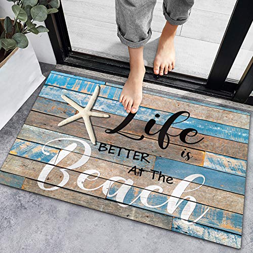 Life is Better at The Beach Starfish Indoor Doormat Front Door Mats, Water Absorbent Non Slip Entrance Rugs, Rustic Wood Grain Floor Bath Rug for