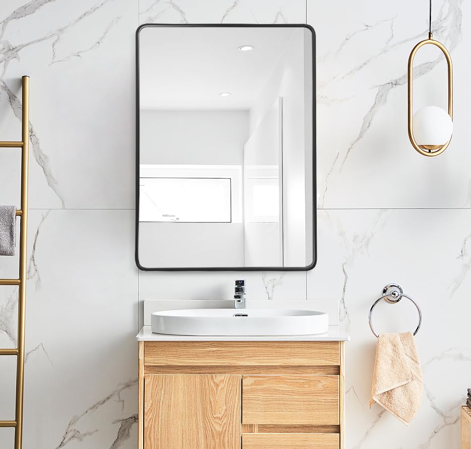 FOMAYKO Farmhouse Black Metal Framed Recessed Bathroom Medicine Cabinet with Mirror Rounded Rectangle Vanity Mirros for Wall 22x30 inch