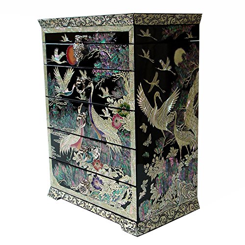 Mother of Pearl Crane Bird and Pine Tree Design Purple Wooden Jewellery Drawer Mirror Trinket Keepsake Treasure Gift Asian Lacquer Box Case Chest