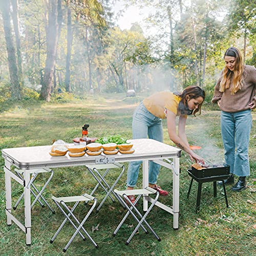Ostazt Folding Table 4ft with 4 chairs Camping Buffet Table Portable Adjustable Height Garden Desk for Party Picnic Dinner Kitchen