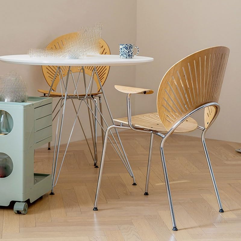 LUKEO Dining Chair Balcony Garden Restaurant Furniture Stainless Steel Legs Wooden Armrest High Back Chair