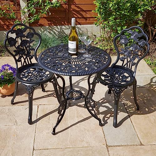 Home Source Rose Garden Patio Outdoor Bistro Set Table and 2 Chairs Metal Garden Furniture, Grey