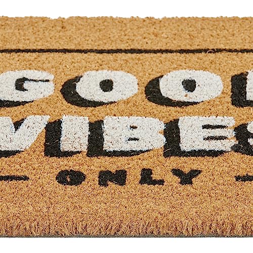 Relaxdays Welcome Coir Doormat, Good Vibes Coconut Mat, Shoe Scaper, Weatherproof, HxW: 40x60 cm, Natural/Black/White, Coco, Plastic, 60x40 cm