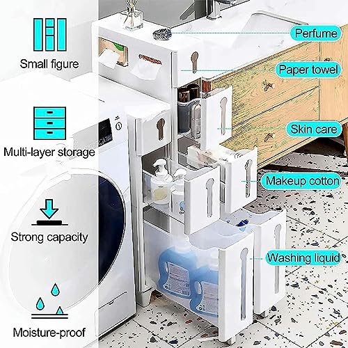 Freestanding Utility Storage Pantry Cabinet Cupboard for Small Spaces, (W) 6in Skinny Bathroom Storage Cabinet with Plastic Storage Drawers for L