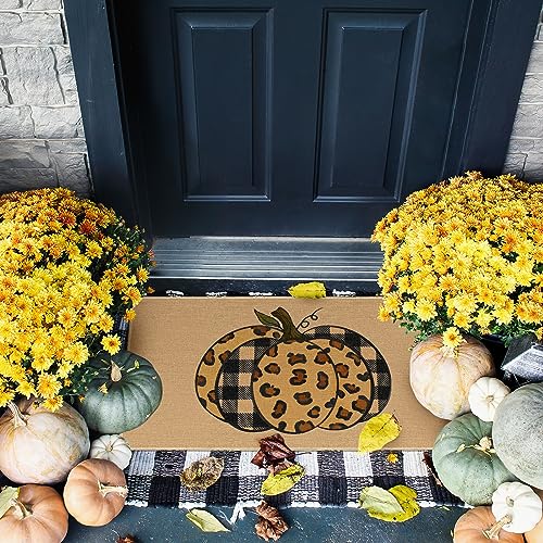 Louise Maelys Fall Door Mat, Welcome Front Door Mat Non Slip, Leopard Print Pumpkin Yard Floor Doormat Thanksgiving Kitchen Entry Switch Outdoor