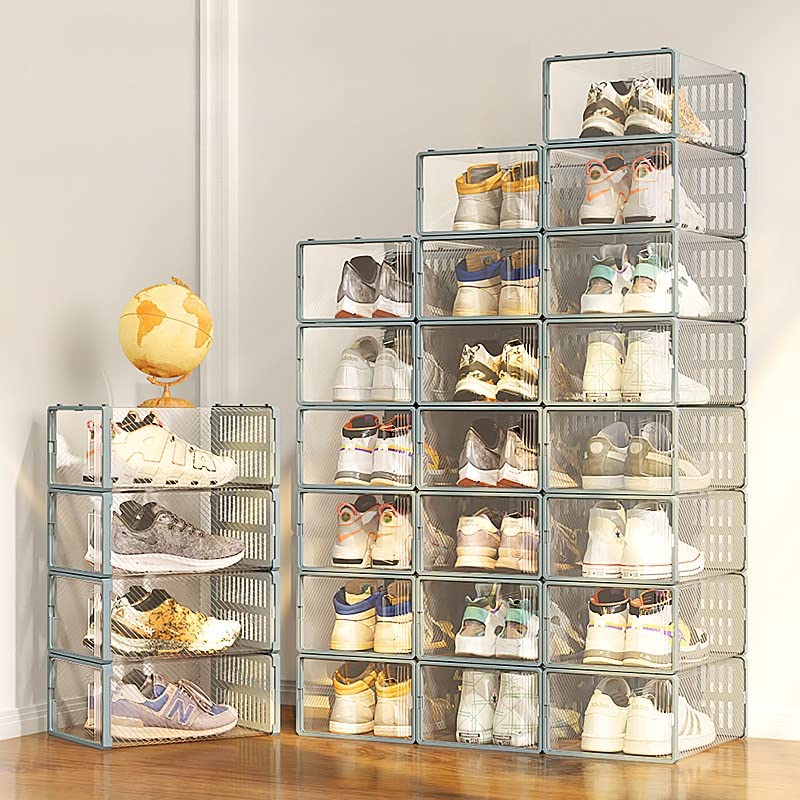 Senhill 6 Pack Shoe Boxes Stackable Shoes Storage ABS Plastic Clear Shoe Organizer Shoes Case Shoes Cabinet Shoe Holder Clamshell Drawer Shoe Box