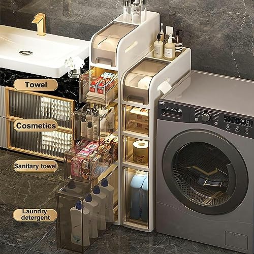 Narrow Bathroom Floor Cabinet, Slim Toilet Paper Storage Cabinet with Clear Drawers and Casters Plastic Storage Tower Organizer Unit for Washroom