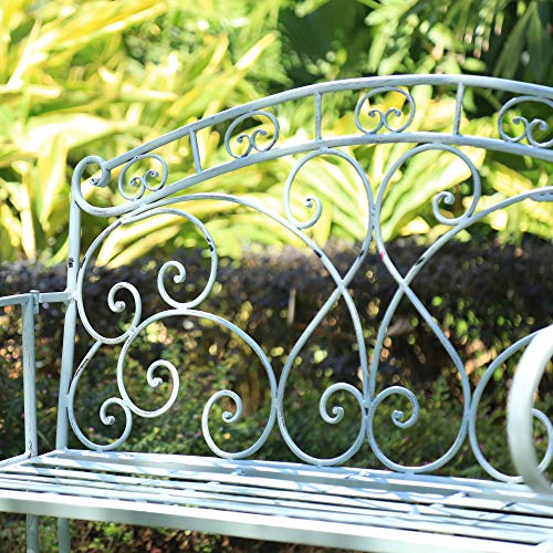 GlamHaus Metal Garden Bench Seat Patio Furniture Foldable Antique Blue Beautiful Shabby Chic Handmade Vintage (Metal Genoa)