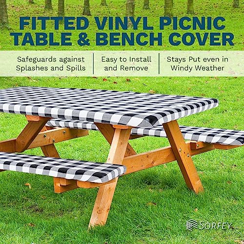 Sorfey Vinyl Picnic Table and Bench Fitted Tablecloth Cover, Checkered Design, Flannel Backed Lining, 30 x 60 Inch, 3-Piece Set, Gray
