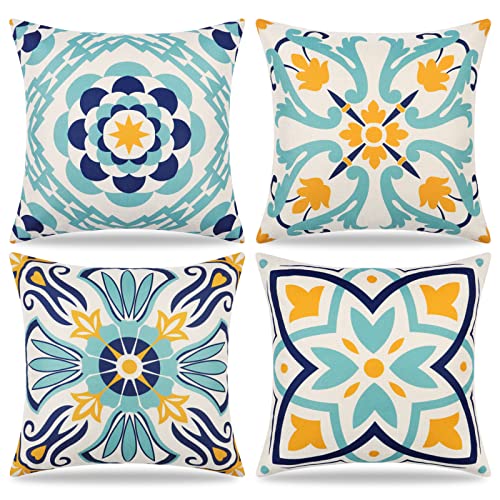 Dremisland Outdoor Waterproof Throw Cushion Covers 18x18 Inch Set of 4 Floral Printed Pillow Covers Boho Farmhouse Outdoor Decorative Pillowcases