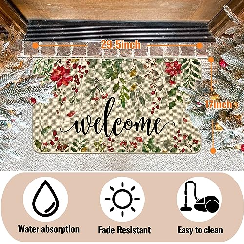 ORTIGIA Welcome Christmas Poinsettia Doormat Indoor Outdoor Patio Eucalyptus Leaves Door Mats Non-Slip Durable Entrance Mat for Home Entrance, Ou