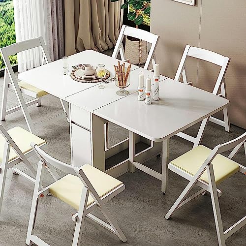 Extendable Folding Dining Table Set, Multifunctional Mobile Kitchen Table with 1 Storage Drawer and 6 Chairs, Space Saving Drop Leaf Dining Table
