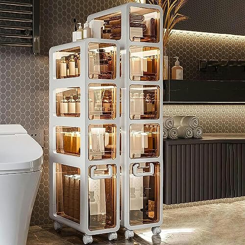 Bathroom Floor Cabinet Storage with 4 Drawers and Casters, Corner Floor Cabinet Large Capacity Narrow Dresser Tower Vertical Storage for Bathroom