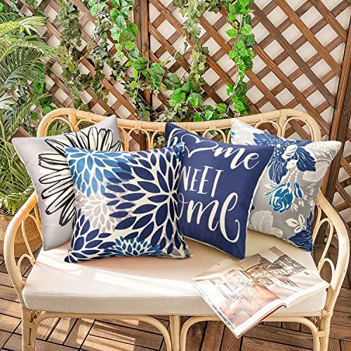Cushion Covers 45 X 45 Square Pillow Covers Pack of 4 Waterproof Cushion Covers Blue Flower Outdoor Throw Pillow Covers Decorative Cushion Covers