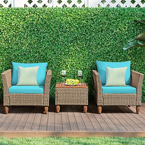 MIAOZI 3PCS Patio Rattan Bistro Furniture Set Wood Table Top Cushion Sofa Navy/Red/Black/Turquoise (Color : 3-Pack)