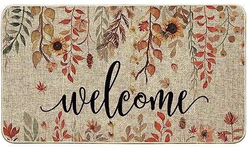 ORTIGIA Welcome Christmas Poinsettia Doormat Indoor Outdoor Patio Eucalyptus Leaves Door Mats Non-Slip Durable Entrance Mat for Home Entrance, Ou