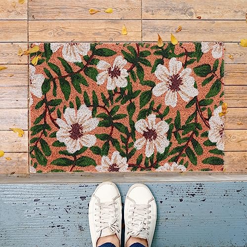Relaxdays Coir Doormat, Floral Design, 60 x 40 cm, Non-Slip Welcome Mat, Weatherproof, Indoors & Outdoors, Multicoloured, Coco, Plastic