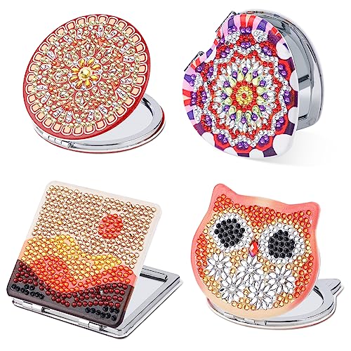 SAVITA 4pcs Diamond Art Painting Mirror Kits, Mandala Style Diamond Art Makeup Mirror Wallet Mirror Pocket Mirror Compact Mirror with Magnificati