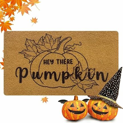 YBB Hey There Pumpkin Doormat, 17 x 29 Inch Imitation Coir Front Porch Rug Autumn Fall Thanksgiving Halloween Doormat Indoor Outdoor with Non Sli