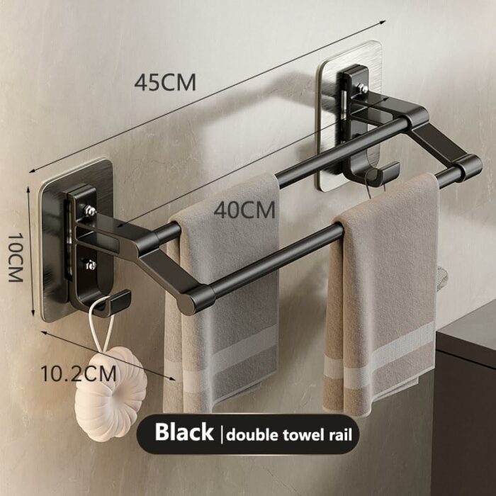 ANMEISH Self Adhesive Towel Rail 40cm,Anti Rust Aluminium Towel Rack with 2 Hooks,2 Tier Black Sticky Towel Holder,Double Wall Mounted Stick on T