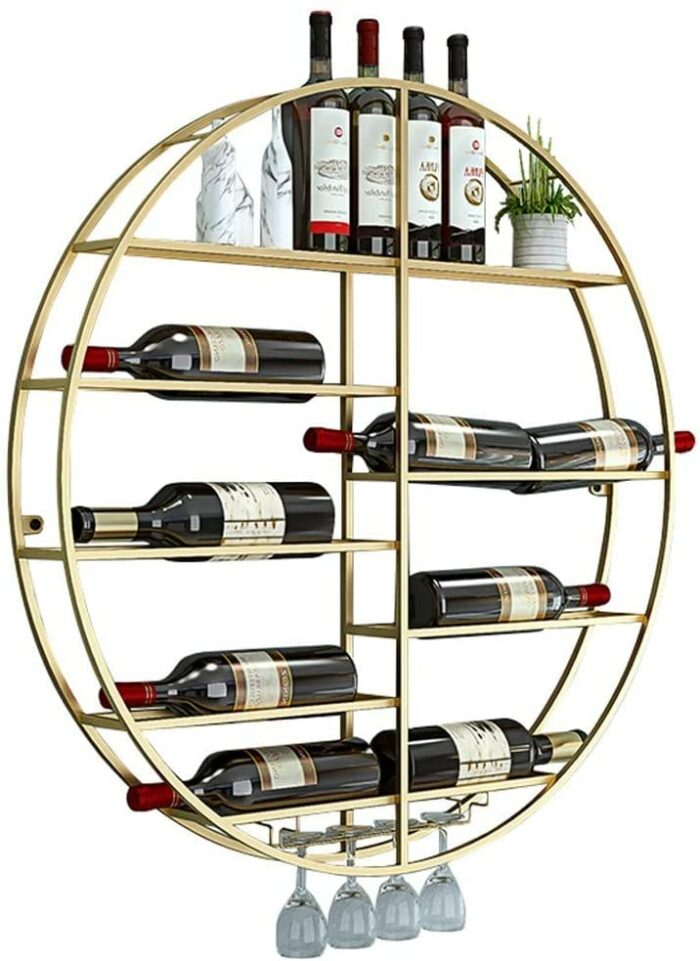 EMISOO Round Wine Racks Wall Mounted Wine Bottle and Glass Holder Metal Goblet Stemware Racks Home Bar Floating Display Shelves, Gold (Size : Dia
