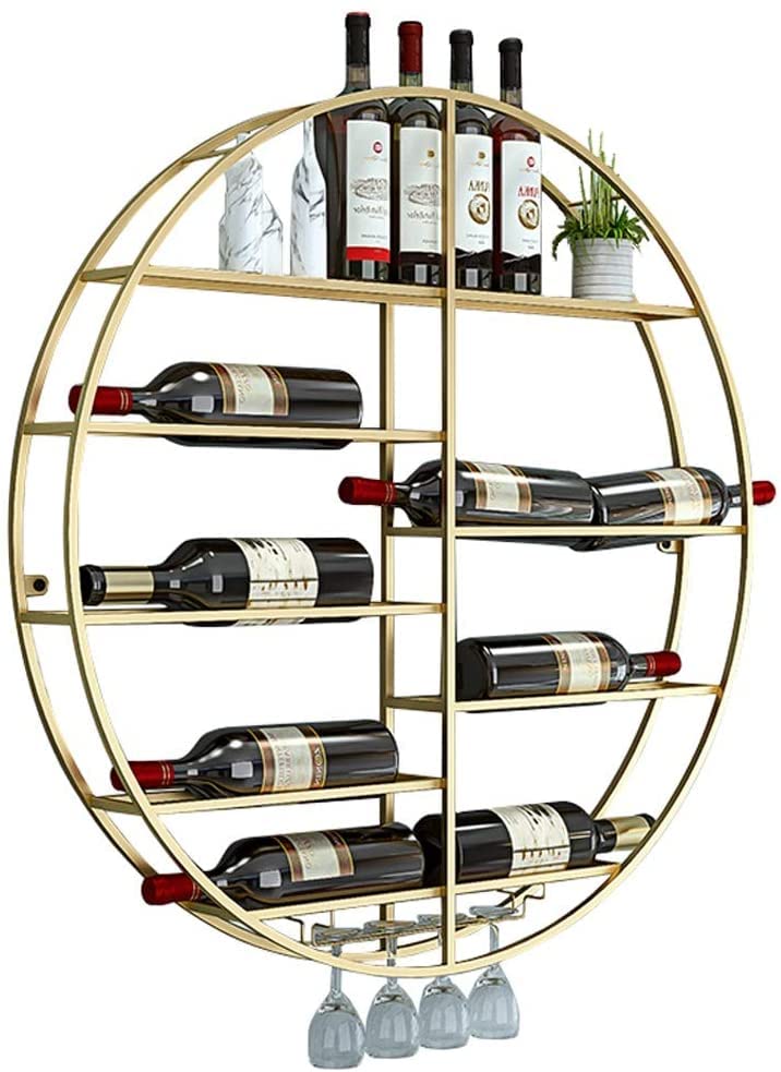 EMISOO Round Wine Racks Wall Mounted Wine Bottle and Glass Holder Metal Goblet Stemware Racks Home Bar Floating Display Shelves, Gold (Size : Dia