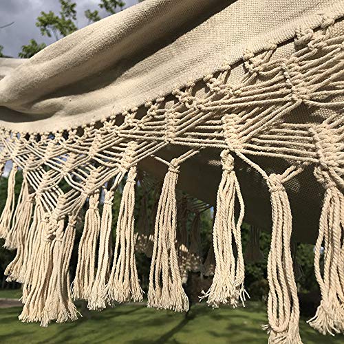 Handmade Cotton Woven Balcony Hammock Hanging Rope Chair Porch Swing with Crochet Fringe for Backyard Patio Garden Outdoor and Indoor Boho Style