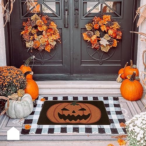 Lahome Halloween Decorative Door Mat, Outdoor Indoor Front Doormat with PVC Backing, Durable Non Slip Black Pumpkin Coir Door Mats for Entrance P