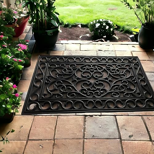 Rubber Door Mat Anti-Fatigue Floor Mat Decorative Wrought Iron Effect Drainage Heavy Duty Washable Non-Slip Patio Dirt Scrapper Outdoor Mat Suita