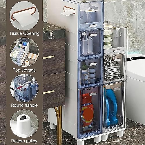 Narrow Bathroom Floor Cabinet, Slim Toilet Storage Cabinet Storage Tower with Clear Drawers and Casters, Sturdy Narrow Dresser Tower for Bathroom