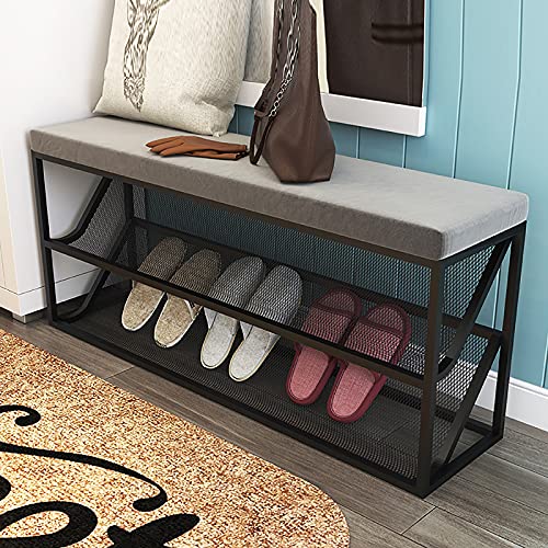 shoe storage bench ottoman Storage Benches Entry Shoe Bench With Comfy Cushion,③-Tier Metal Mesh Shoe Rack Bench Shoe Organizer,Modern Hallway Sh