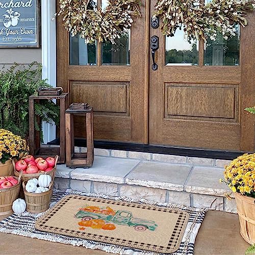 Kluevo Fall Door Mat, Fall Home Decor Fall Outdoor Rug Autumn Non-Slip Rubber Rugs for Front Door Intdoor, Pumpkin Truck Welcome Decorative Doorm