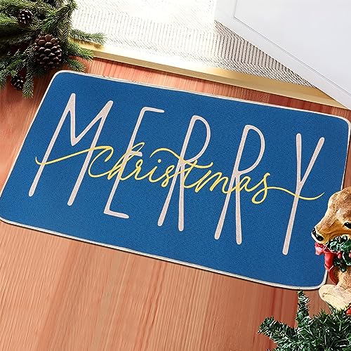 ONWAY Merry Christmas Doormat, Blue Gold Winter Seasonal Door Mat Christmas Holiday Low-Profile Floor Rug Switch Mat for Indoor Outdoor 17.5 x 29