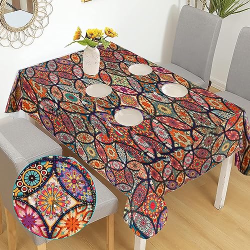 Rectangular Boho Garden Tablecloths, Bohemia Washable Waterproof Polyester Table Cloth, Resistant Wrinkle Free Mandala Waterproof Polyester Table