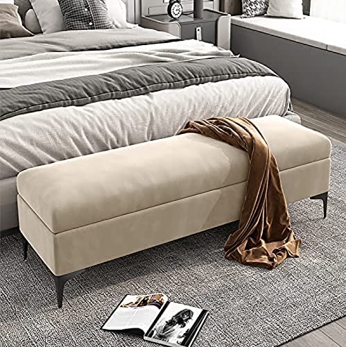 storage bench, velvet upholstered footbed bench, premium locker bedroom bench with storage, hallway shoe bench,Khaki,60x40x43cm(24x16x17inch)