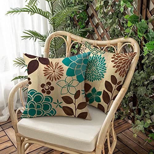 KUNQIAN Cushion Covers Waterproof Blue Brown Flower Double-Sided Pattern Throw Pillow Cover Set of 4 18x18 inch Home Decorative for Patio Furnitu