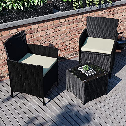 Garden Vida Bali 2 Seater 1 Square Table Rattan Set With Cushions Outdoor Garden Patio Furniture 3Pcs (Black)